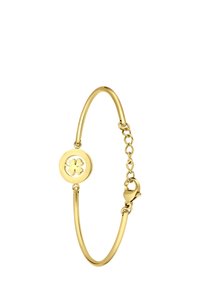 Gouden armband met een ronde hanger met een uitsnede van een klavertje vier, een glad oppervlak, een verstelbare sluiting en delicate schakels.