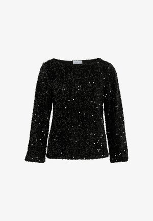 Zwarte langärmelige top bedekt met pailletten, heeft een ronde halslijn en een gestructureerd oppervlak. Zachte stof met een glanzende afwerking.