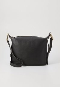 Black rectangular leather crossbody bag with adjustable strap and gold-tone metal clasps on plain gray background.