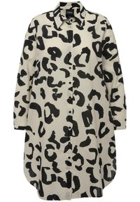 Langarm shirt van lichtgewicht stof, met een zwart en beige luipaardprint, een knoopsluiting aan de voorkant en een ronde zoom.