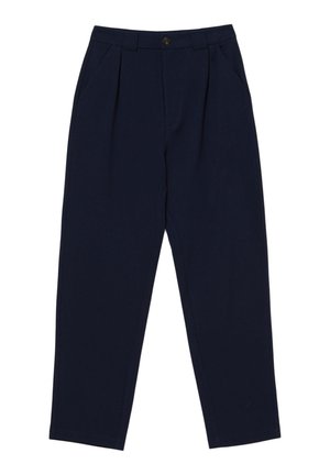 Pantaloni navy con un design su misura, caratterizzati da pieghe, tasche laterali e chiusura con bottone frontale. Tessuto liscio con un taglio dritto.