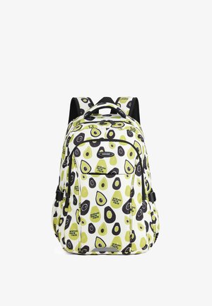 Rugzak met voor- en zijvakken, met groene en zwarte avocado-patronen op een witte achtergrond.