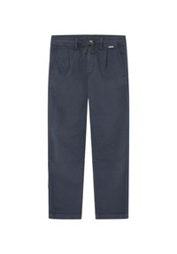 Pantalones azul marino de corte relajado, con cinturilla elástica, bolsillos delanteros y una textura suave. Sin patrones ni acentos visibles.