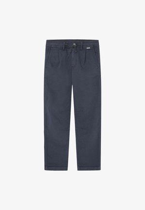Pantalones azul marino de corte relajado, con cinturilla elástica, bolsillos delanteros y una textura suave. Sin patrones ni acentos visibles.