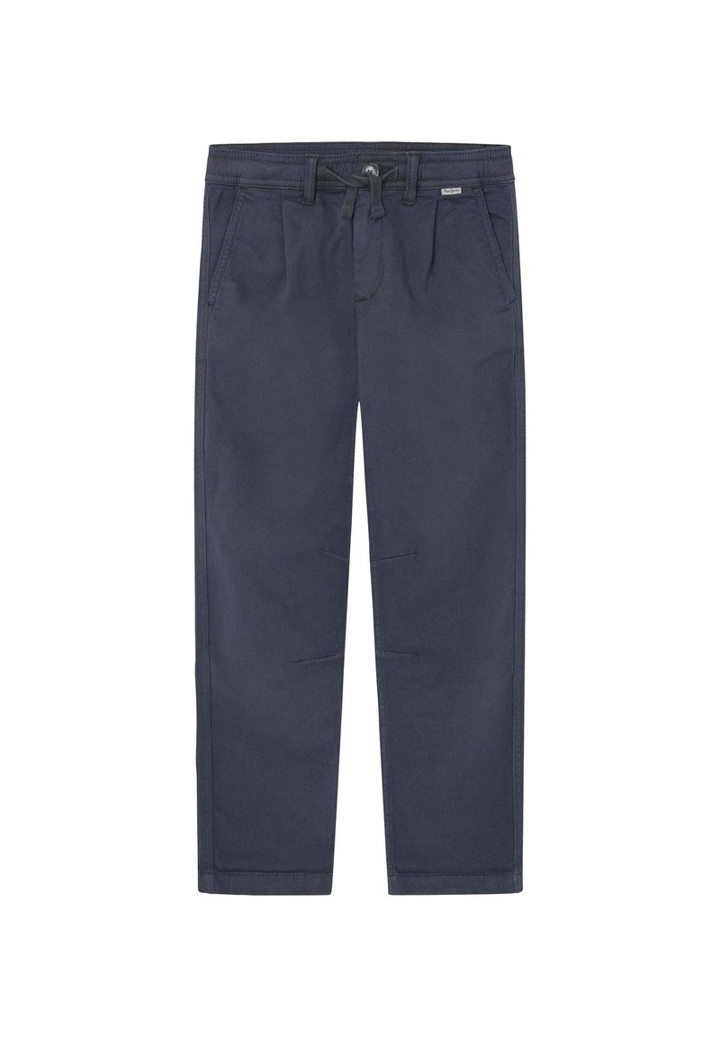 Pantalones azul marino de corte relajado, con cinturilla elástica, bolsillos delanteros y una textura suave. Sin patrones ni acentos visibles.