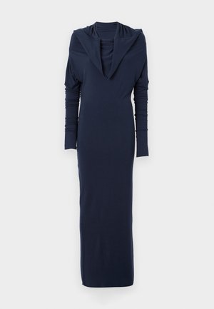 Robe bleu marine à manches longues avec un décolleté drapé et une silhouette ajustée. Fabriquée en tissu doux et extensible ; texture lisse sans motifs visibles.