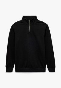 Svart quarter-zip-pullover gjord av texturerat tyg. Har ribbad krage och manschetter samt en dragkedja framtill. Enkel design.
