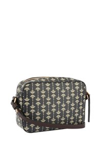 Borsa a tracolla rettangolare in finta pelle blu scuro con motivo floreale crema. Presenta una cerniera dorata e una tracolla regolabile marrone.
