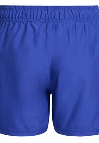 Jednoduché koupací šortky v královské modré barvě s elastickým pasem a jemnými šicími detaily, zobrazené zepředu.