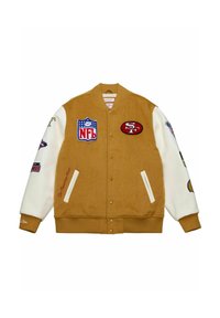Giacca bomber in lana di colore marrone medio con maniche bianche e numerose toppe ricamate, inclusi loghi NFL e il design 'SF'. Due tasche laterali.