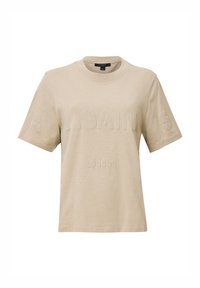 Maglietta beige a maniche corte in cotone. Caratterizzata da una stampa in rilievo con il testo "ALLSAINTS LONDON" sul davanti, colletto rotondo e vestibilità rilassata.