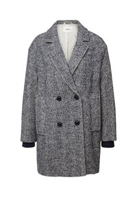 Doppelt knopfbares Fischgrätmuster-Mantel in Marineblau und Grau, ausgestattet mit großen schwarzen Knöpfen, seitlichen Taschen und kontrastierenden Strickbündchen. Texturiertes Wollmischgewebe.