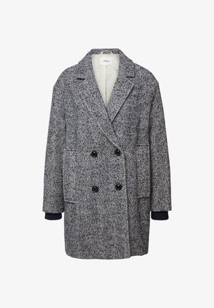 Divslāns herringbone mētelis tumši zils un pelēks, ar lielām melnām pogām, sānu kabatām un kontrastējošiem adījuma piedurkņu galiem. Tekstūrēta vilnas maisījuma audums.