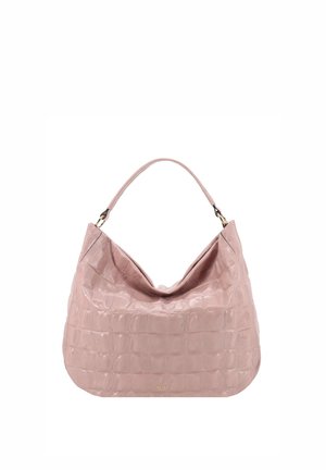 Hellrosa strukturierte Leder-Umhängetasche mit einem einzelnen Träger und einer schlappen, geräumigen Form.