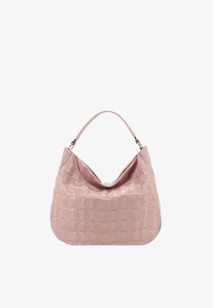 Hellrosa strukturierte Leder-Umhängetasche mit einem einzelnen Träger und einer schlappen, geräumigen Form.