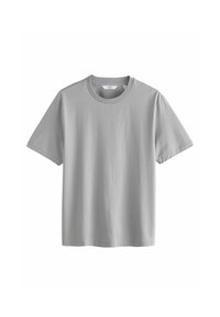 Grijze T-shirt met korte mouwen van katoen en een ronde hals. Gladde textuur, eenvoudig ontwerp en geen zichtbare patronen of accenten.