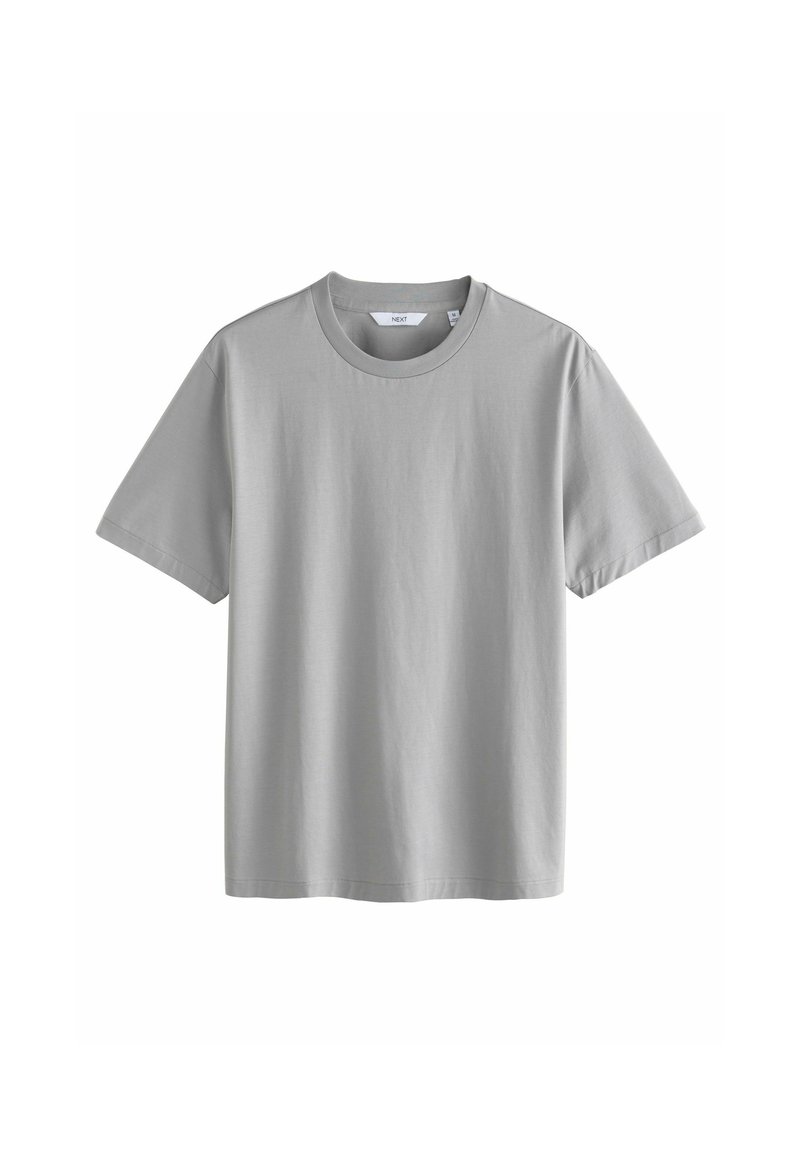 Grijze T-shirt met korte mouwen van katoen en een ronde hals. Gladde textuur, eenvoudig ontwerp en geen zichtbare patronen of accenten.
