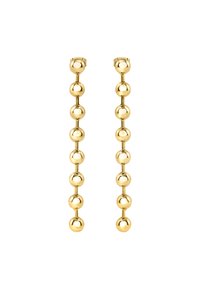 Korukultaiset korvakorut, joissa on lineaarinen muotoilu, jossa on vuorotellen pyöreitä helmiä ja yhdistäviä linkkejä. Sleek-viimeistely kiillotetulla pinnalla.