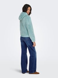 Fuzzy aqua blue hooded jacket with ribbed cuffs, paired with flared denim jeans and brown slip-on shoes. The model faces away from the camera.
