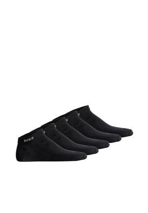 Schwarze Knöchelsocken aus weichem Material, mit einem gerippten Bündchen und einem dezenten Logo. Fünf Paar nebeneinander angeordnet.