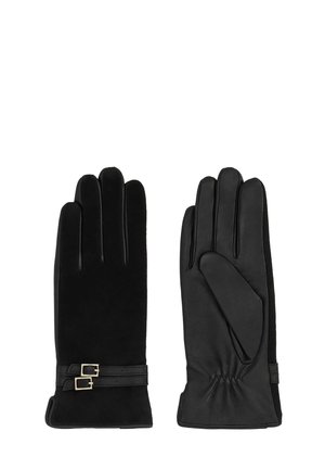 Gants noirs en cuir et daim. Sangle ajustable avec détail en doré. Texture lisse et design élégant.