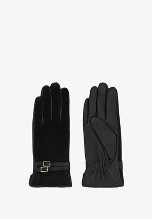 Zwarte handschoenen van een combinatie van suede en leren materialen. Verstelbare band met gouden hardwaredetails. Zachte textuur en elegant ontwerp.