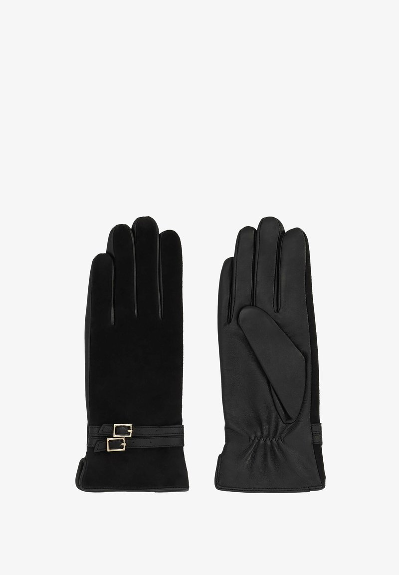 Svarta handskar med en kombination av mocka och lädermaterial. Justerbar rem med detaljer i guld. Slät textur och elegant design.