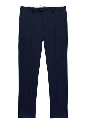 Navy blue trousers with a slim fit and pinstripe pattern. Features a zipper fly, belt loops, and front pockets. Smooth fabric texture.