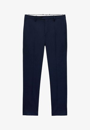 Marineblauwe broek met een slim fit en een streepdessin. Beschikt over een ritssluiting, ceintuurlussen en zijzakken. Soepele stofstructuur.