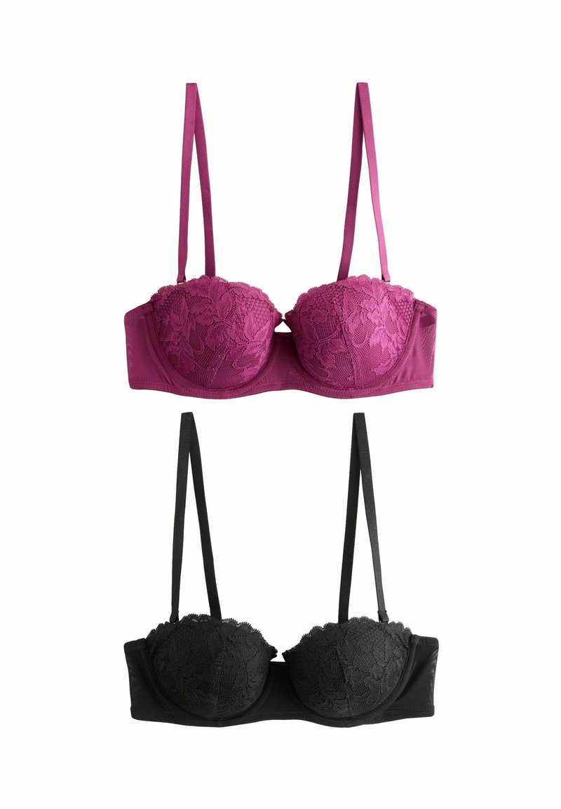 Kanten en satijnen bh's in diep roze en zwart. Beide hebben padding in de cups, verstelbare banden en bloemmotieven van kant op de cups.