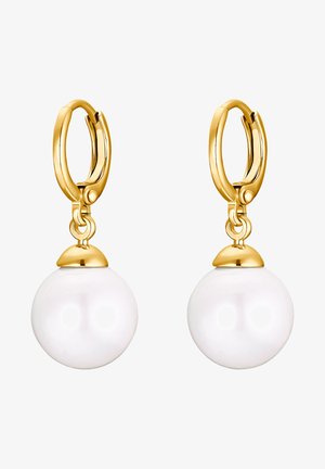 Aukso žiedinės mėlynos auskarai su blizgančia balta perla. Dizainas apima lygią sferą ir mažą auksinį dangtelį virš perlo.