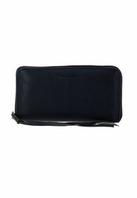 Portefeuille en cuir bleu marine avec une finition texturée, fermeture éclair et un pompon en guise d'accent. Présente un design minimaliste sans aucune pièce métallique visible.