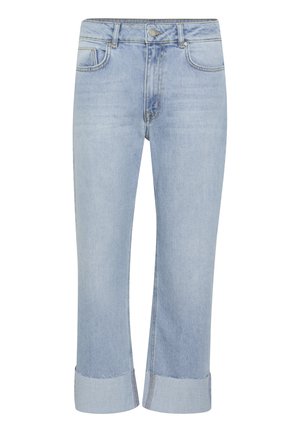 Jasnoniebieskie dżinsy o prostym kroju, o długości 7/8, z zawiniętymi mankietami. Posiadają tradycyjny styl z pięcioma kieszeniami i zapięcie na guzik z przodu.