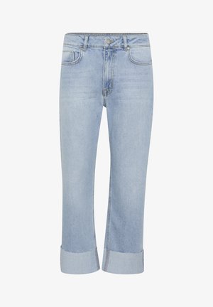 Jasnoniebieskie dżinsy o prostym kroju, o długości 7/8, z zawiniętymi mankietami. Posiadają tradycyjny styl z pięcioma kieszeniami i zapięcie na guzik z przodu.