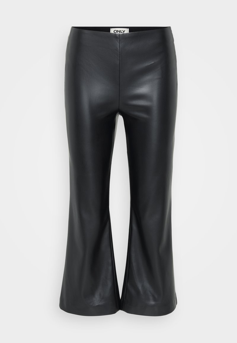 Černé flared kalhoty z umělé kůže s hladkým povrchem. Disponují vysokým pasem a rozparky na lemu pro uvolněný střih. Značka je umístěna na vnitřní straně pásku.
