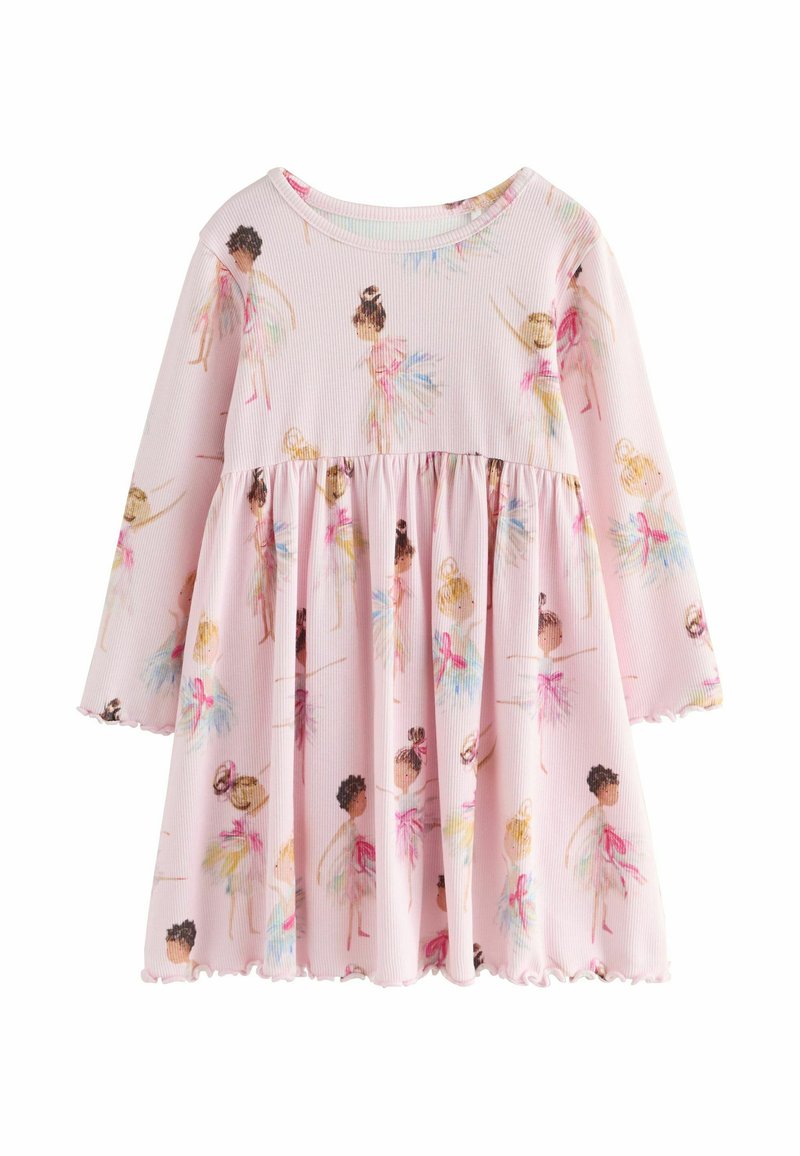 Rosa Langarmkleid mit geripptem Textur, das einen Ballett-inspirierten Druck von Tänzern in verschiedenen Posen und bunten Tutus zeigt, sowie einen gerafften Rock.