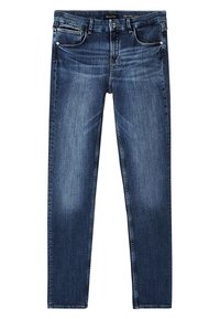 Jean skinny bleu taille moyenne avec décoloration sur les cuisses, fermeture éclair à l'avant, bouton de fermeture et cinq poches.