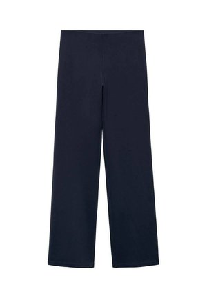 Navy blue wide-leg pants made of a smooth fabric, featuring a high waistband and no visible seams or pockets. Straight cut to the hem.