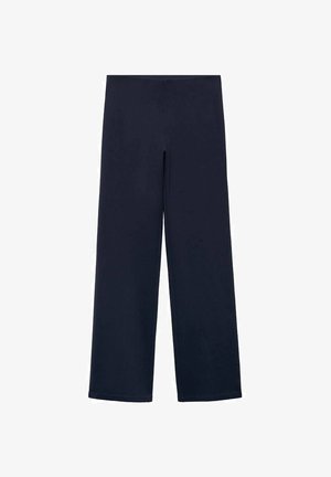 Marinblå vida byxor i ett slätt material, med hög midja och utan synliga sömmar eller fickor. Rakt skurna till bensluten.