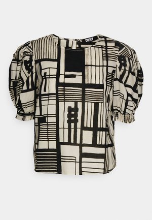 Short-sleeve blouse made from lightweight fabric, featuring a black and cream geometric pattern, puffed sleeves, and a crew neckline.
