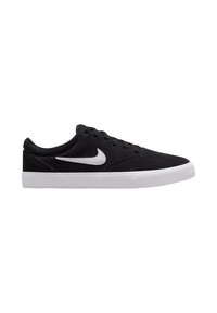 Black suede skate shoes with a white logo, round toe, laces, and white rubber outsole. Simple design, low profile silhouette.