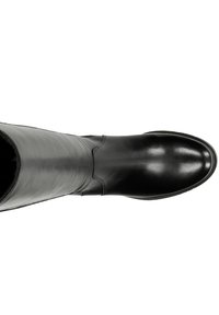 Black leather knee-high boot with smooth texture, round toe, and minimal stitching detail. The sole is flat and slightly textured for grip.