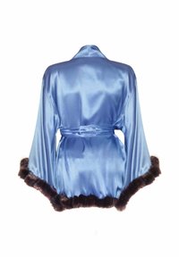 Light blue satin robe with a shawl collar, long sleeves, and dark fur trim at the hem. Features a tie belt at the waist.