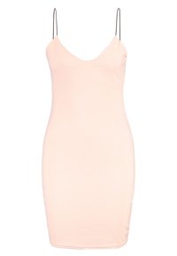 Snygg, åtsittande klänning i ljusrosa tyg med en mjuk textur. Har tunna svarta band och en djup V-ringning.