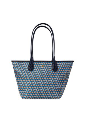 Blue and brown geometric patterned tote bag with two dark handles. The bag is structured and open at the top.