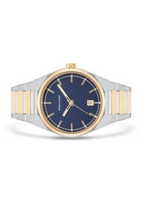 Reloj de acero inoxidable con caja acentuada en oro, esfera texturizada azul, marcadores de hora plateados y ventana de fecha; pulsera enlazada con eslabones centrales en oro.