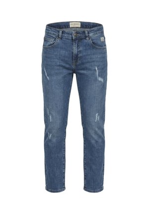 Jeans blu slim fit con leggeri effetti usurati, stile cinque tasche, chiusura con bottone e etichetta del marchio Roy Roger's sulla cintura.