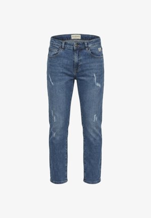 Jeans blu slim fit con leggeri effetti usurati, stile cinque tasche, chiusura con bottone e etichetta del marchio Roy Roger's sulla cintura.