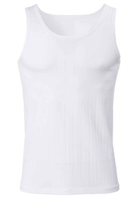 Witte tanktop van glad, stretchy stof met een ronde halslijn en brede schouderbanden, met een eenvoudig ontwerp zonder patronen.