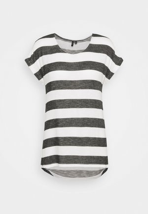 Striped t-shirt featuring horizontal black and white stripes, short sleeves, a rounded neckline, and a slightly curved hemline.